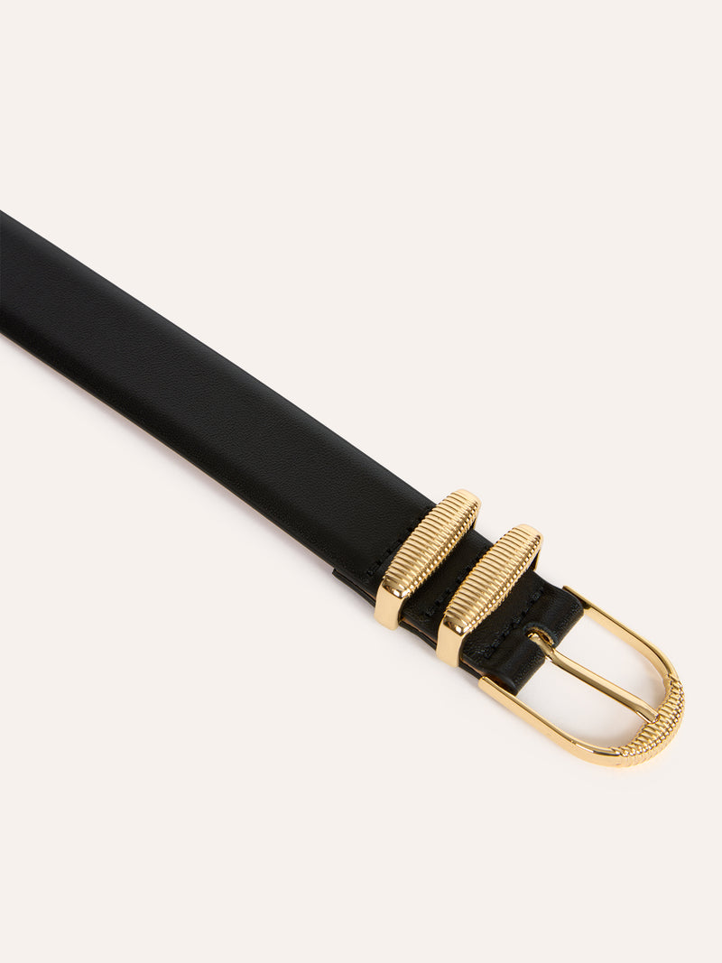 SOUPIR black leather wide belt, worn on a model by Rouje