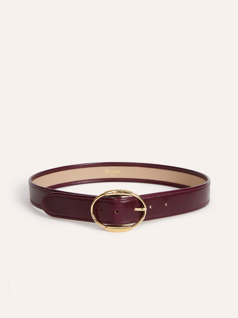 TAMISE bordeaux aged leather wide belt, flat packshot by Rouje