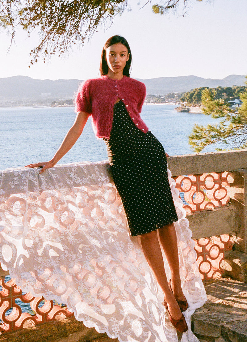 Black polka dot mesh midi dress with short sleeves Laly | Rouje Black polka dot mesh midi dress with short sleeves Laly | Rouje