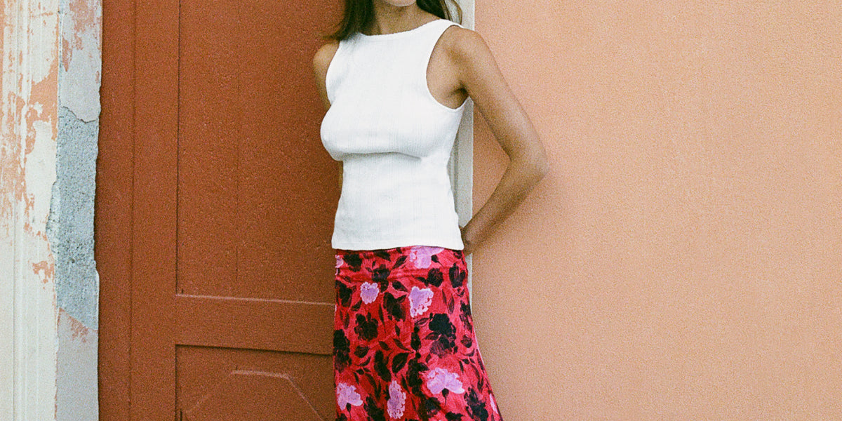 Red floral print midi skirt – Maggie | Rouje